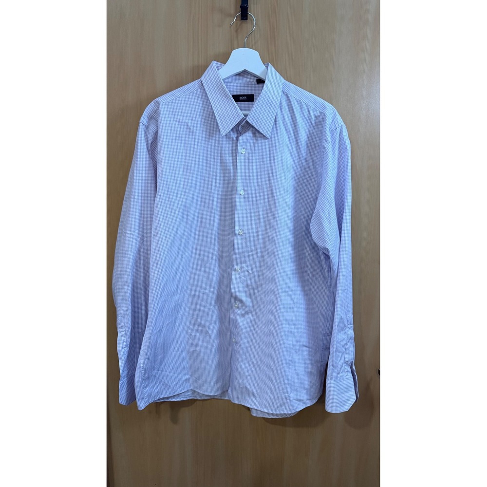 Hugo Boss Mens Purple White Micro Check Button Down Shirt 17.5 34/35 Long Sleeve